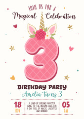 Birthday invitation with cute unicorn number 3 and floral elements. Magical celebration, kids party poster, fantasy design. Vector illustration. Unicorn, horn, glitter, flowers, pink, gold, confetti