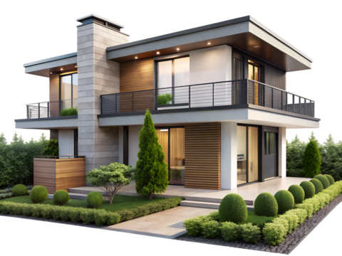 Modern luxury house with manicured garden and trees, architectural design, exterior view isolated on transparent background