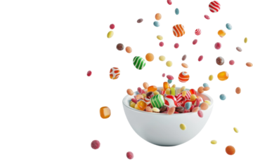 Colorful candy spills joyfully from a white bowl on a bright surface in a whimsical setup isolated on transparent background