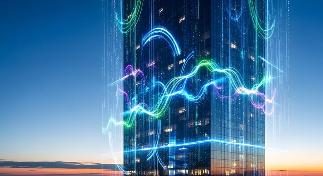 Photo of futuristic skyscraper illuminated with glowing blue, green, and purple energy data streams at night