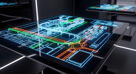 Photo of futuristic holographic blueprint of a citys transportation network and infrastructure