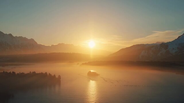 Peaceful Sunrise Over Snowy Mountains Animation | Golden Morning Sky, Calm Lake Reflection, Flying Birds, Misty Valley, 10-Second Cinematic 4K Nature Landscape Video for Commercial Use