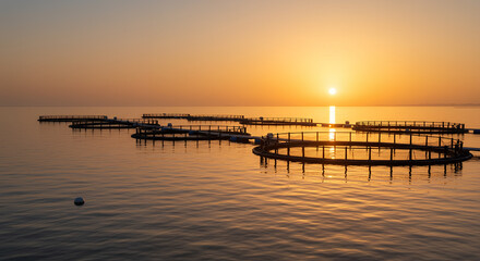 Obraz premium Serene golden sunset over a tranquil ocean reflecting circular fish farm structures in the water