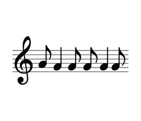 Treble Clef and Music Notes on Staff - Black Silhouette Vector Illustration