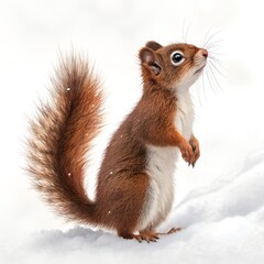 Obraz premium A small red squirrel stands on snow, with a bushy tail and bright eyes. The scene captures the essence of winter wildlife in a serene environment.
