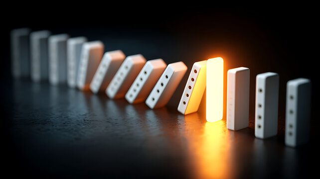 Domino effect: One domino piece is falling, triggering a chain reaction.