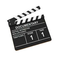 Fototapeta premium Classic Black and White Film Clapperboard with the word DOCUMENTARY prominently displayed in bold white lettering ready for action in a dimly lit