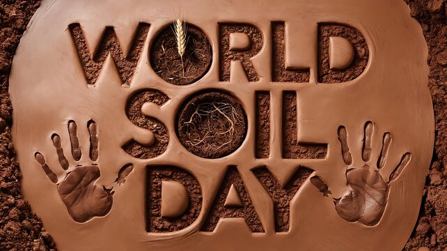 World soil day sign with plant and roots in letters and handprints in the surrounding soil background