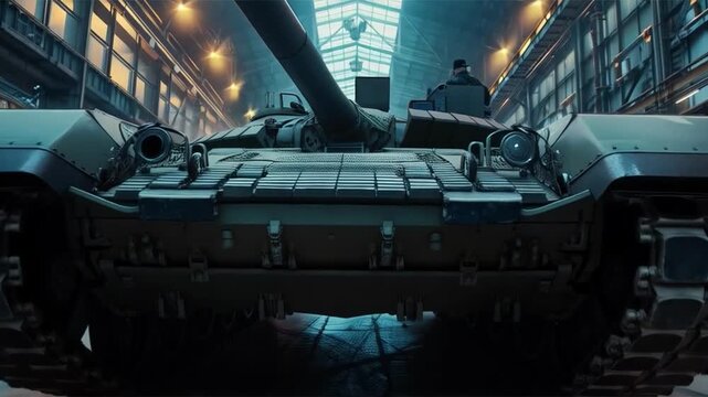 Tank in a production hall, front view, industrial lighting and equipment. Suitable for materials on military equipment, production processes, articles on the defense industry, and innovations in mecha