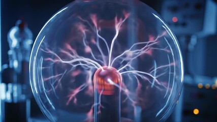 Plasma ball with electrical discharges, science experiment in blue laboratory, energy concept - Powered by Adobe