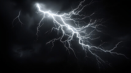 Fototapeta premium Dramatic lightning strike illuminates a dark, stormy night sky in monochrome.