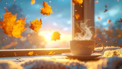 Cozy Autumn Moment: Steaming Hot Coffee on a Windowsill with Falling Golden Maple Leaves and Sunset Glow.