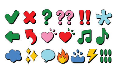Colorful Doodle Comic Style Icons Set - Checkmark, Heart, Music, and Symbol Clip Art