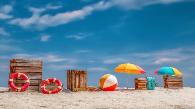 Beach scene with lifeguard rings, beach ball, umbrellas, and wooden crates on sand