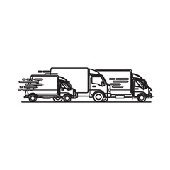 Illustration of three delivery trucks in different styles and colors on a white background silhouette