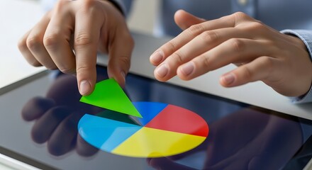 Photo of closeup of hands interacting with a pie chart on a tablet screen for business data analysis