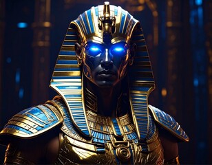 ancient egyptian pharaoh 
Futuristic Pharaoh Ramses II in Golden Armor with Blue Neon Lights – Ultra-Realistic Digital Art
