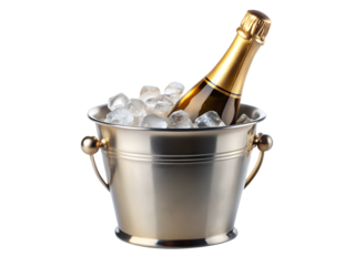 Champagne bottle chilling in ice bucket isolated on transparent background