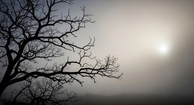 Misty morning silhouette of bare tree branches against a hazy sky - Powered by Adobe