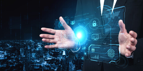 A futuristic command center interface for managing a global technology platform. The dashboard includes data security, network administration, and biometric user authentication. Fermion