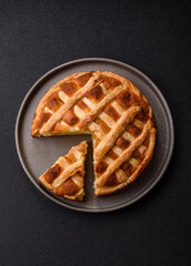 Sweet American pie with apples, pears, and cinnamon, a homemade dessert. Apple American pie