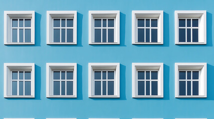 Fototapeta premium Windows in a pattern, showcasing architecture, structure and design. The building's exterior has a clean and colorful geometric view.