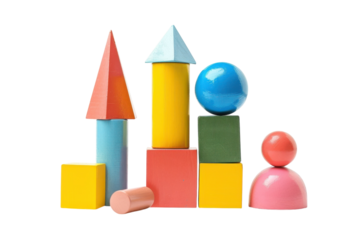 Vibrant wooden building blocks arranged creatively in a playful display for educational fun isolated on transparent background
