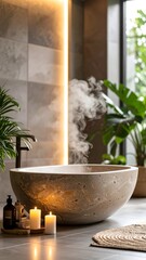 Modern spa tub, warm lighting, steamy ambiance