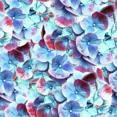 Seamless hydrangea flower pattern. Natural floral background with close-up photo. Bright romantic design. Vivid botanical texture.