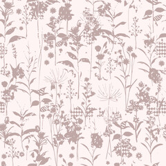 Fototapeta premium Seamless floral pattern, classic flower ornament, abstract ditsy print in vintage motif. Elegant botanical design of beautiful large wild flowers, leaves, small branches, herbs. Vector illustration. 