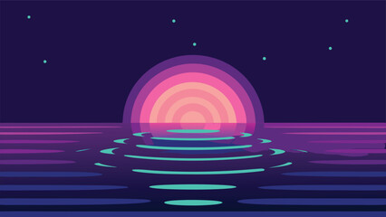 Vector art of synthwave sunset over the ocean with stars in the sky and reflections on the water surface illustration