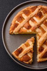 Sweet American pie with apples, pears, and cinnamon, a homemade dessert. Apple American pie