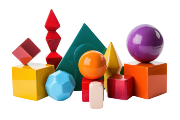 Vibrant geometric shapes arranged artistically on a bright, minimalist backdrop isolated on transparent background