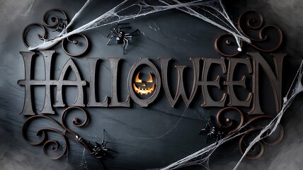 A halloween themed image featuring the word halloween with spiders and spiderwebs decorations on a dark background