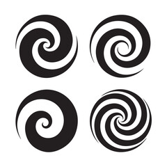 Four black and white spiral graphic elements isolated on white background