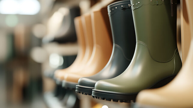 Rain boots showcase: diverse hues on display, ready for wet weather adventures. Sleek designs blend fashion with function in this practical footwear.