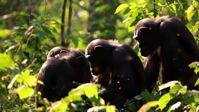 Three chimpanzees in lush green forest. Wildlife primate habitat. Animal behavior and interaction between chimpanzees in natural environment.