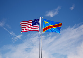 flags of  congo and United States of America over blue sky background.