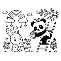 Cute Panda and Bunny Gardening Coloring Page - Cartoon Outline Vector