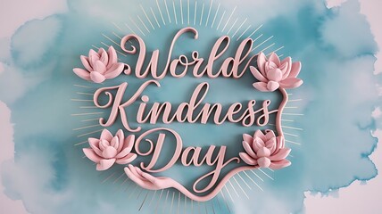 World kindness day text with pink lotus flowers on a blue watercolor background with radiating lines art