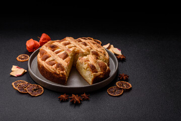 Sweet American pie with apples, pears, and cinnamon, a homemade dessert. Apple American pie