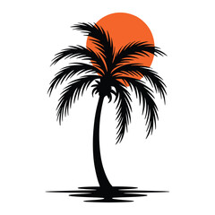 Palm Tree Silhouette with Sunset - Tropical Island Vector Graphic