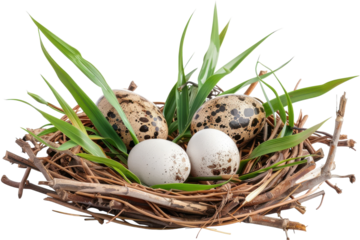 A delicate nest cradles four carefully placed eggs surrounded by lush green grass