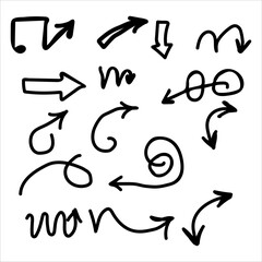 Collection of hand drawn arrow icons and symbols in black outline on white background