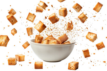 Crispy bread cubes cascade gracefully into a white bowl in a playful kitchen moment