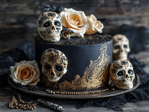 Elegant black-and-gold Halloween cake decorated with sugar skulls and roses