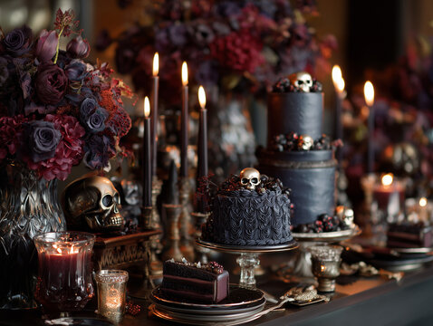 Gothic-inspired dessert table with dark florals, skull cake toppers, and candles, cinematic luxury style - Powered by Adobe