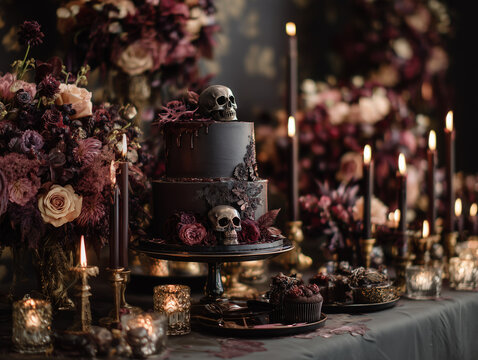 Gothic-inspired dessert table with dark florals, skull cake toppers, and candles, cinematic luxury style