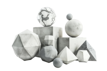 Abstract arrangement of geometric shapes and a globe reflecting earth's continents