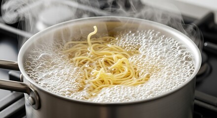 Cooking fresh noodles in a pot of boiling water on the stove.